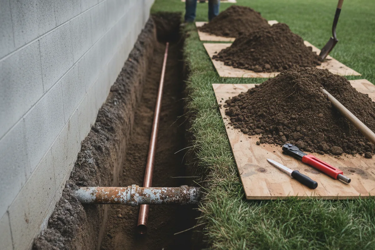 Excavated water line trench during Sewer Line Repair in Kent